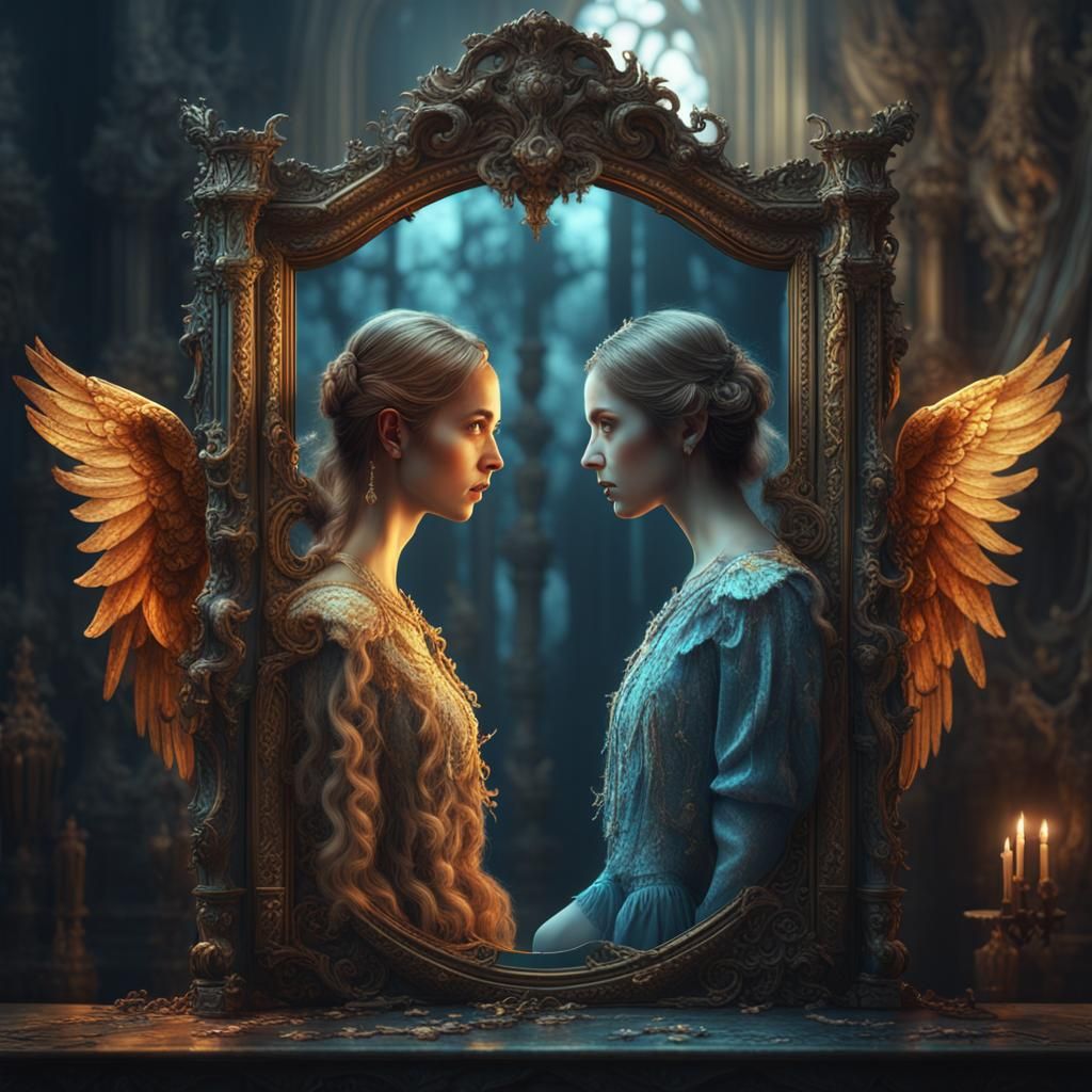 one woman looking inside of a mirror, two sides to one woman, one image is an Angel, The other is a demon, ...  by @James Silvers