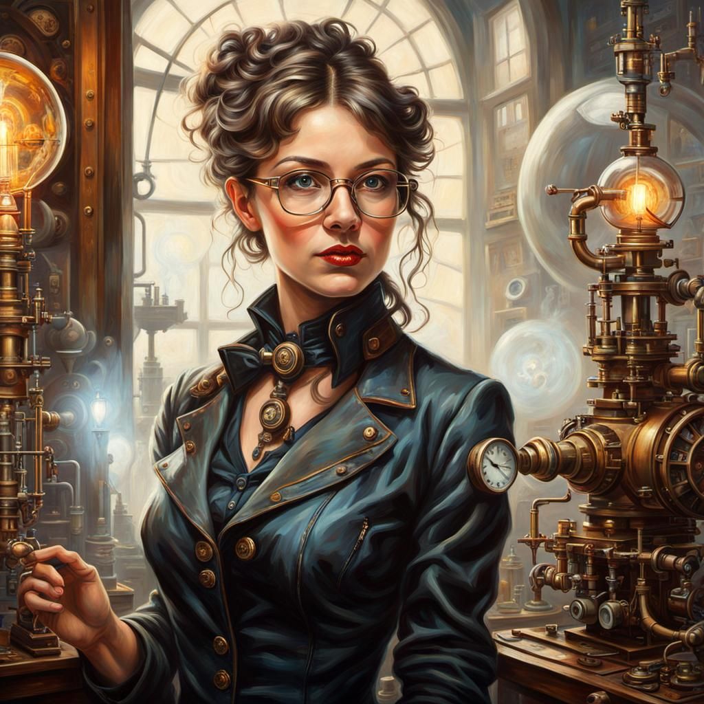 Beautiful risqué flirtatious Female mad scientist wearing gl...