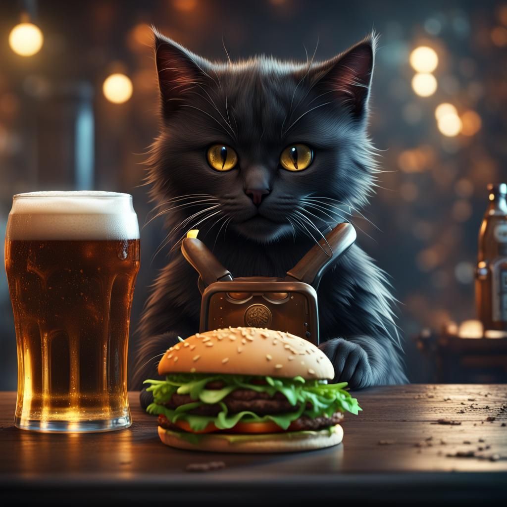 Little cat black with beer and hamburger