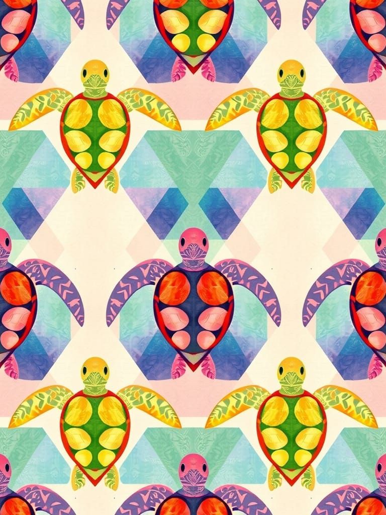 Geometric Tessellation cute turtles, watercolors