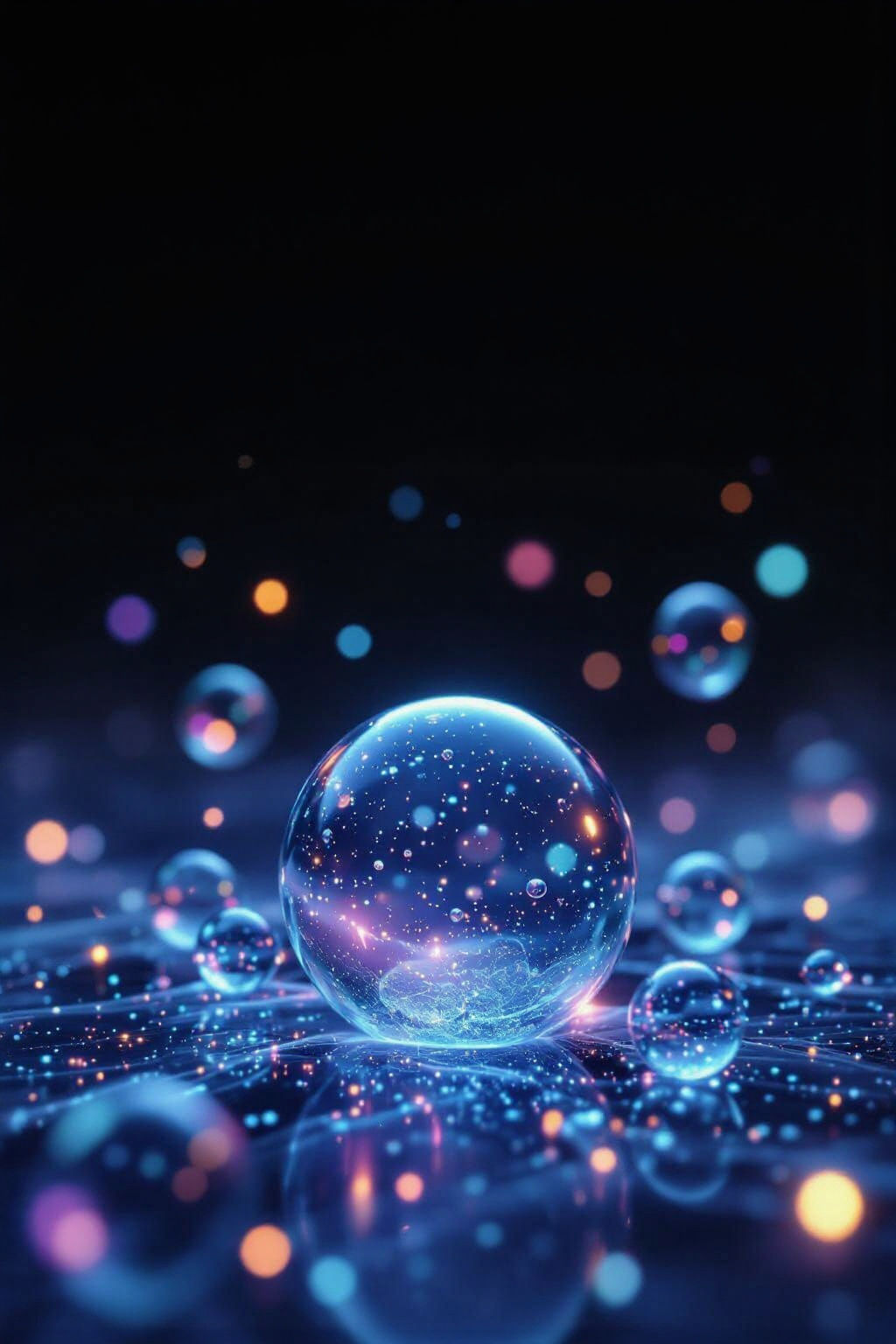 "Mobile wallpaper, background is pure black or very dark neutral color, almost no ambient light, tiny isolated soft neon bubbles (blue, purp...