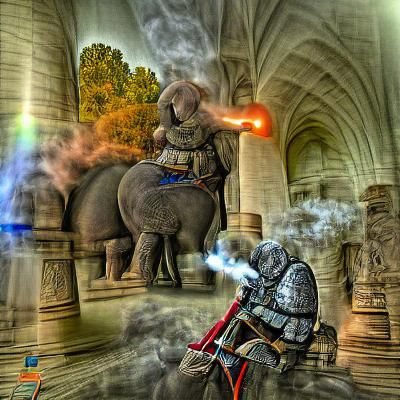A knight in shining armor riding his war-elephant HDR VRay s...