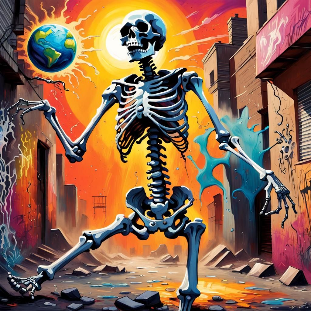 a skeleton dancing  under the falling sun about to hit earth