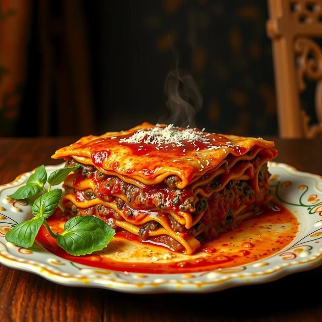 Lasagna on place exposed on the dish with ground beef with it's juicy sauce garnished with decorated on the side of the dish 