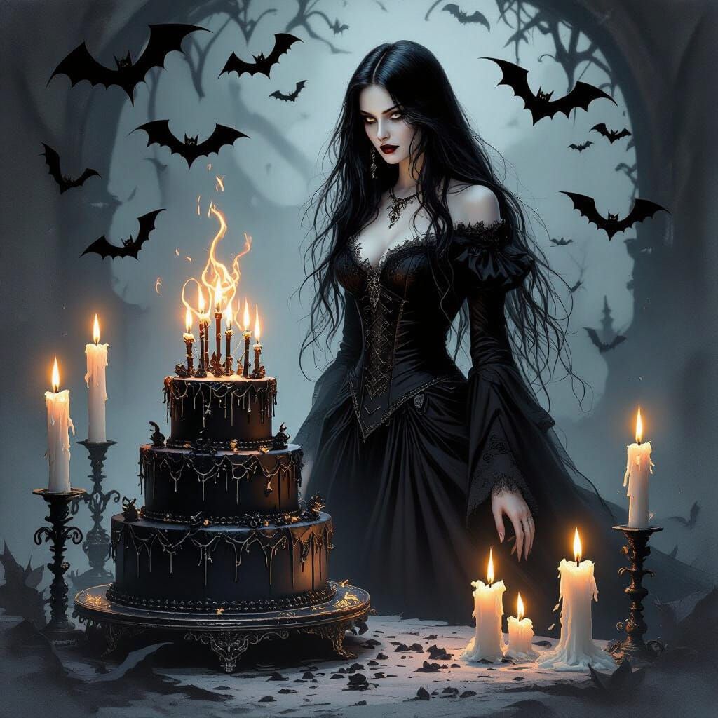 A mysterious gothic sorceress surrounded by candles, bats, and a dark birthday cake