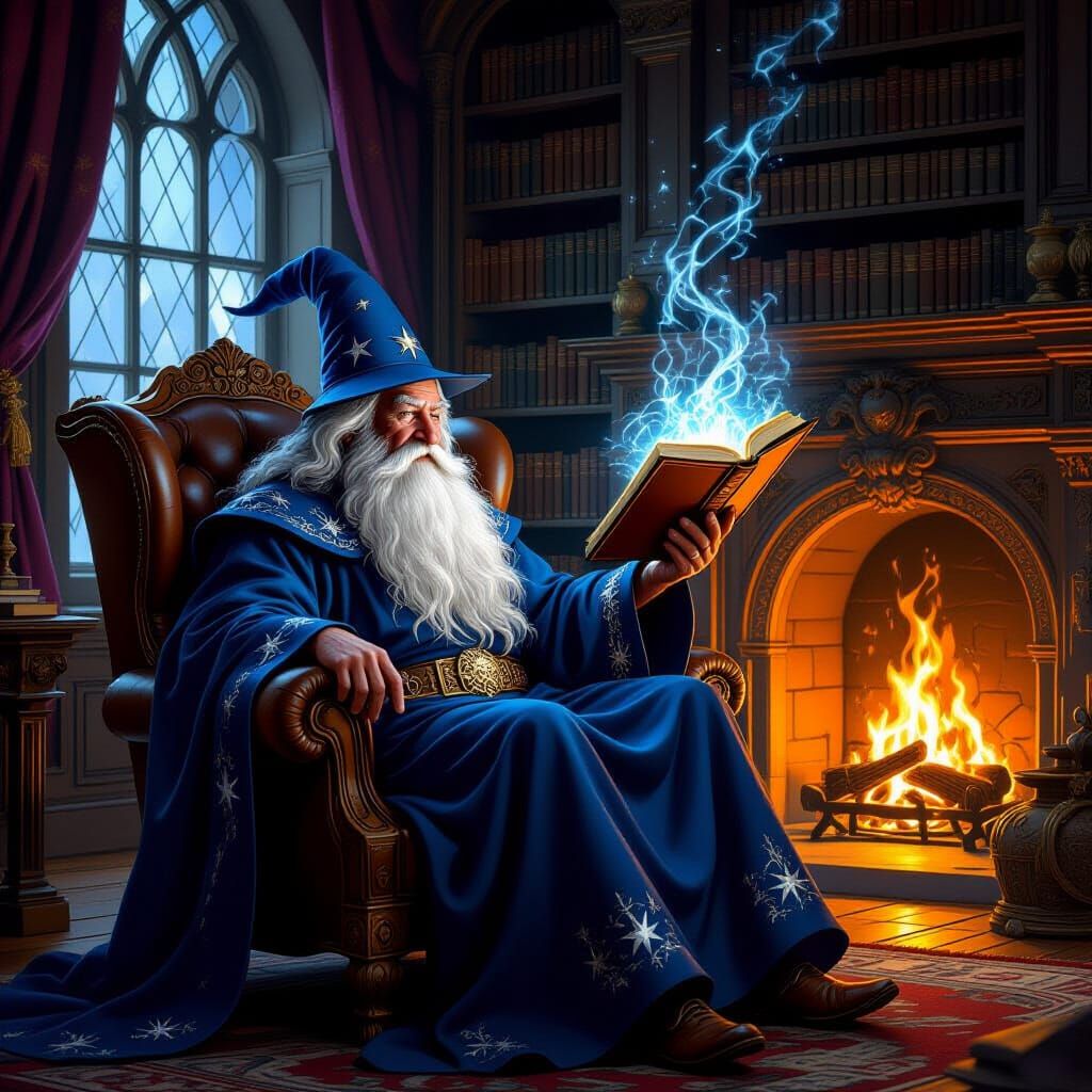 A wizard sitting in a comfortable reading chair, uses magic to float a book from the bookshelf to him to read.