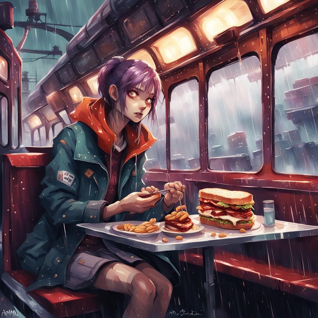 anime style, Anthropomorphic train Eating, peanut butter and...