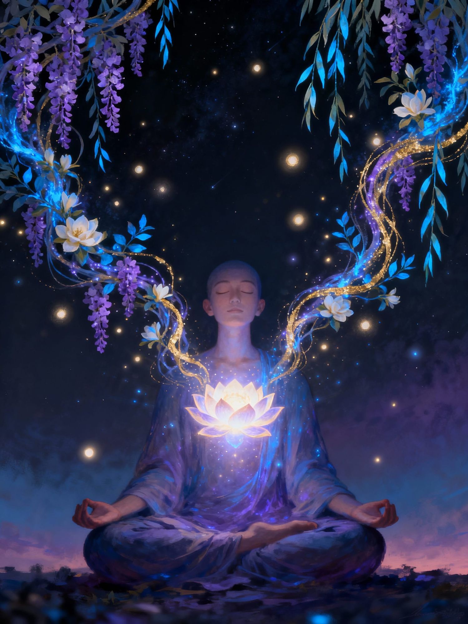 A serene figure sitting cross-legged in meditation at the center of the image. Their chest is gently opened like a lotus flower, glowing sof...