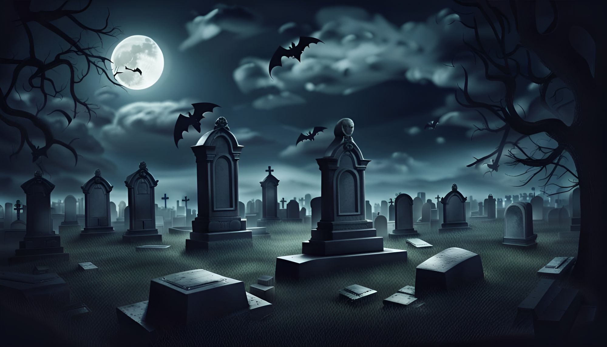 Graveyard At Night - Spooky Cemetery With Moon In Cloudy Sky And Bats ...