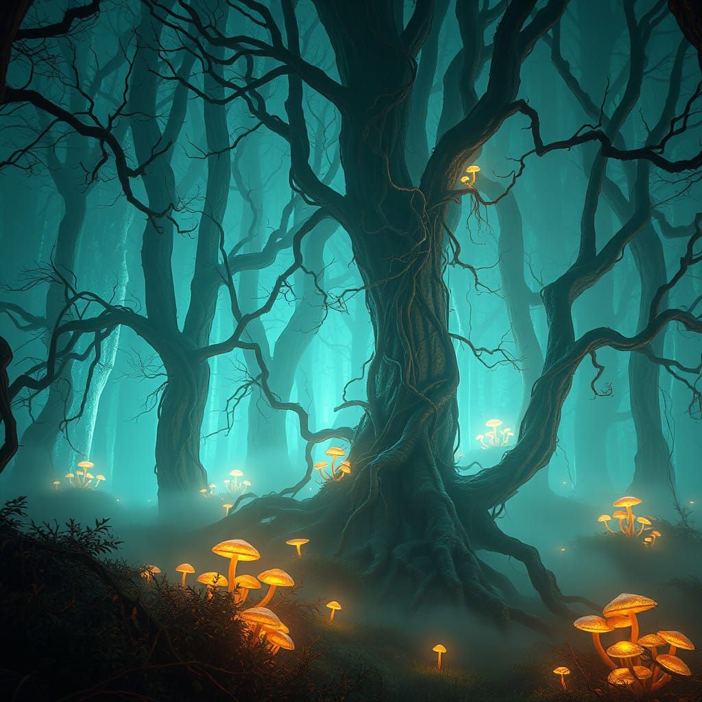 Dreamlike Ancient Forest in a Cyberpunk Aesthetic