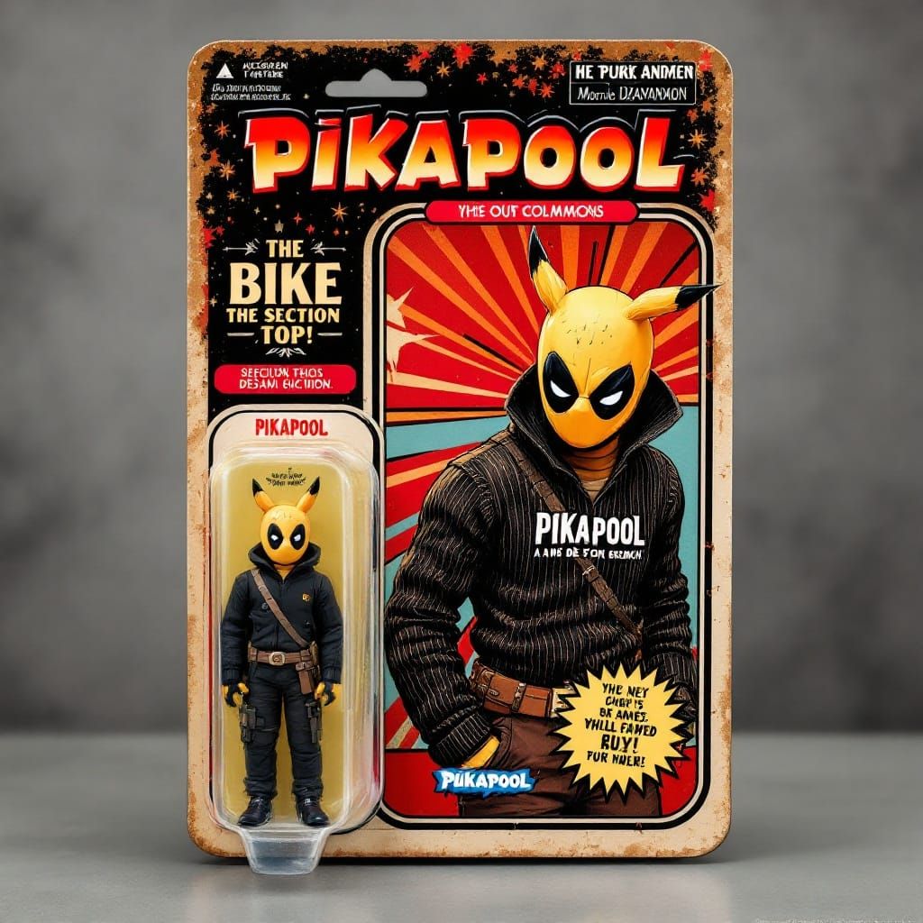 A vintage-style action figure box featuring a  pikapool (Deadpool Pokémon) parody figure with over-the-top ...  by @Veronica Knightly
