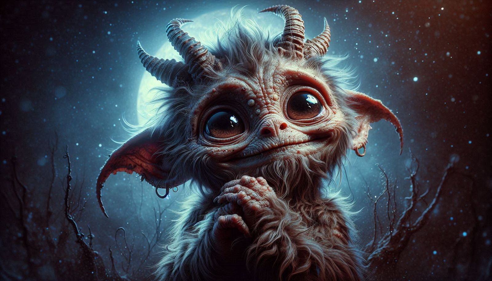 An adorably ugly-cute creepy little love monster, smiling sa...