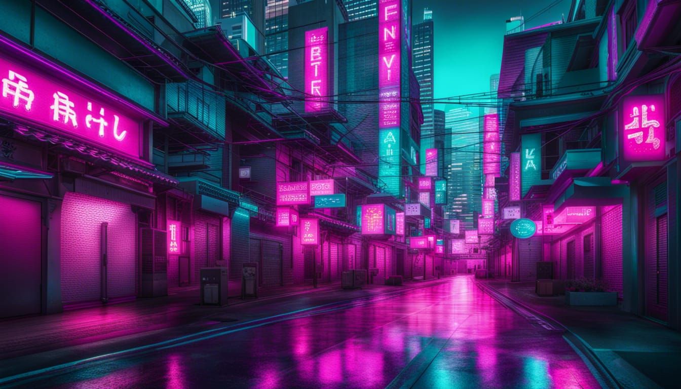 City with magenta and teal hion lines running through bathing it in ...