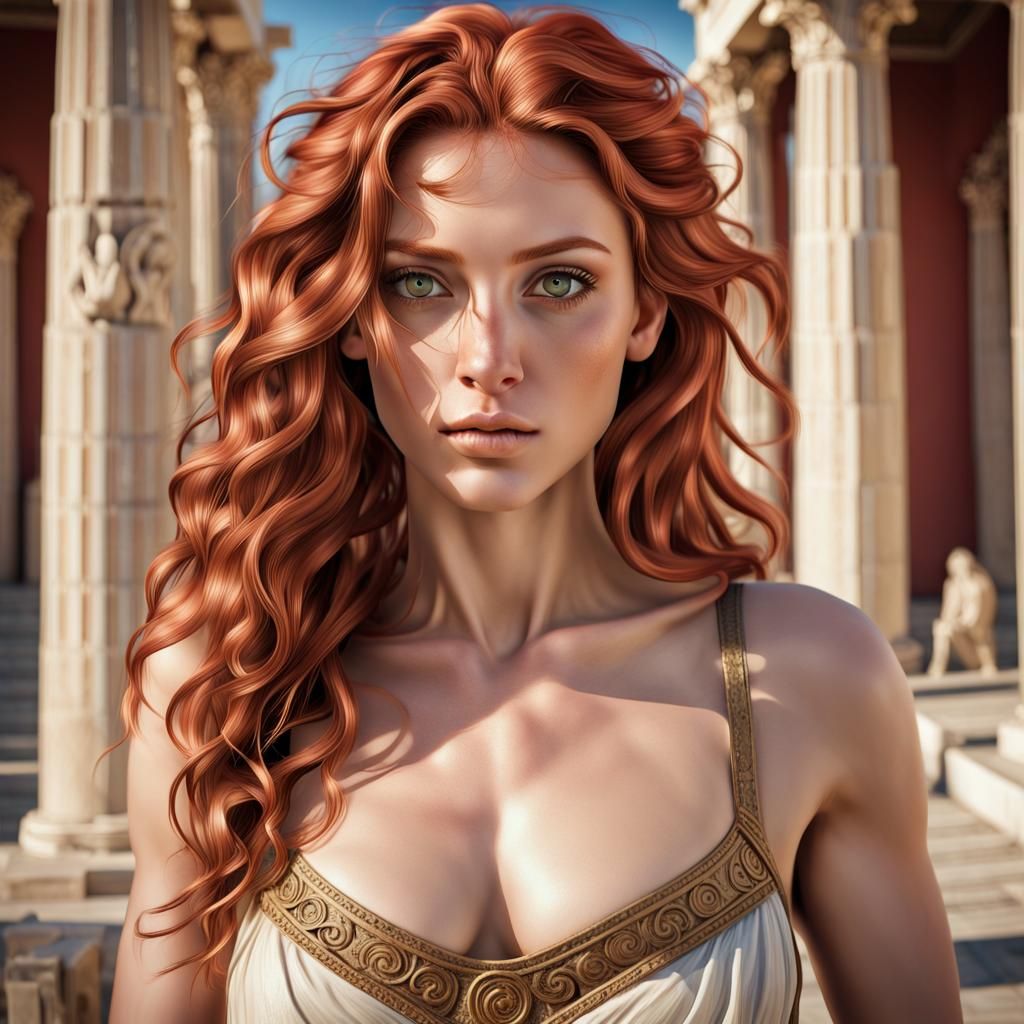 Photo of a beautiful greek AMPLE goddess, RAW, ((red hair with extra long  wavy), ((portrait)), (Detailed face: 1. 2)), (Detailed facial feat... - AI  Generated Artwork - NightCafe Creator