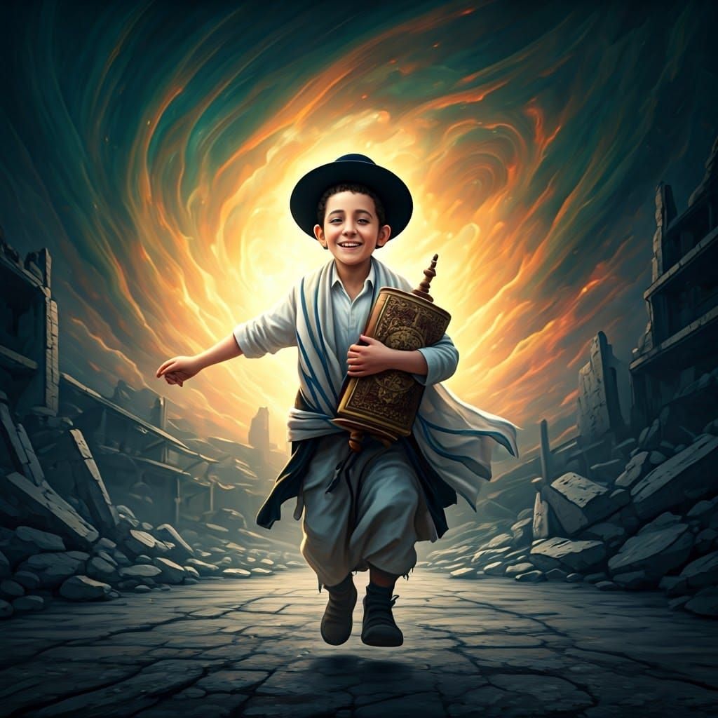 Boy Dances with Torah in Gaza Ruins