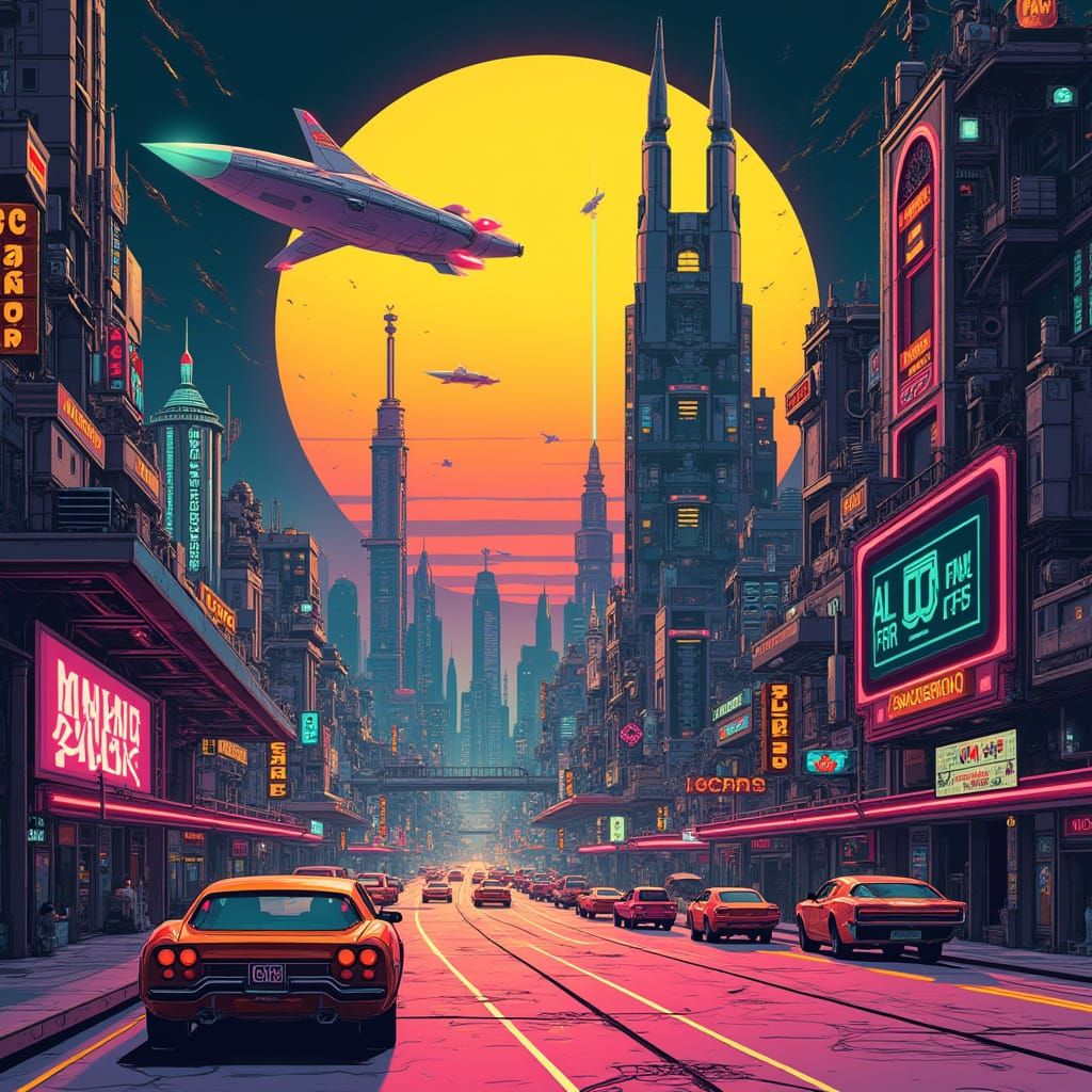 A vibrant city brimming with retro-futuristic technology from the mid-20th century  by @Mr Void