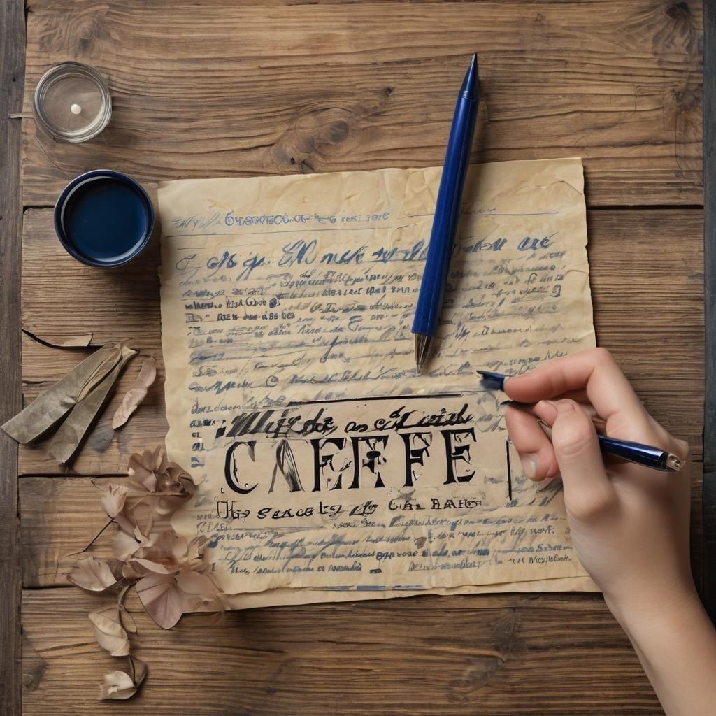 a woman's hand holding a pen writing in blue ink "Night Cafe" on a piece of vintage writing paper that is laying on a wooden desk