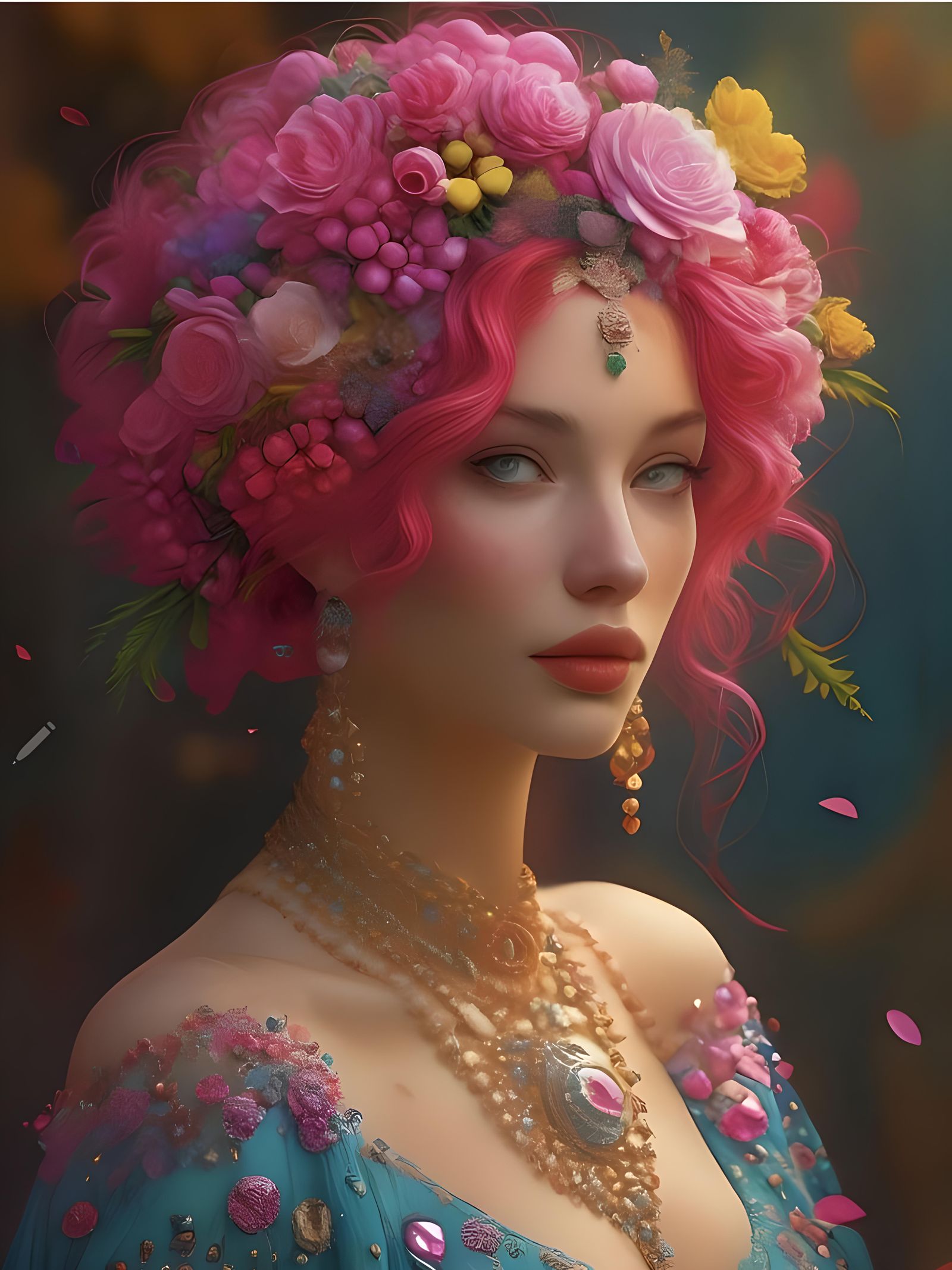 Empress with pink hair and flowers and jewels crown on her h...