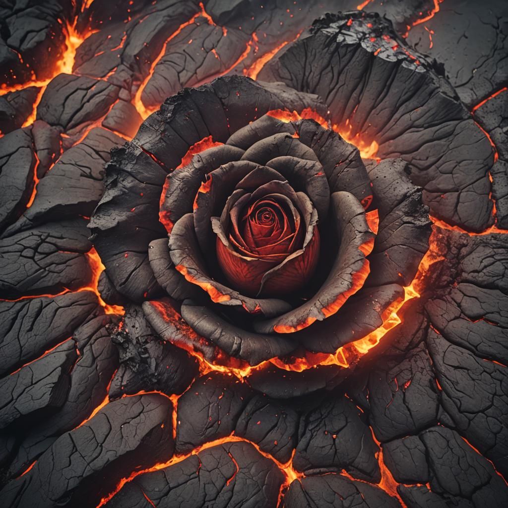 closeup of volcano erupting with lava in the shape of a rose