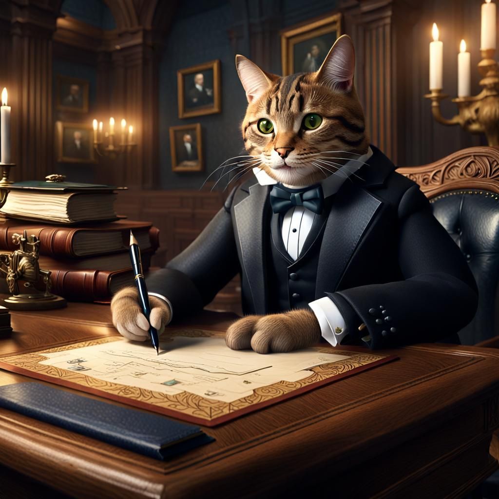 A handsome tabby cat signing some documents