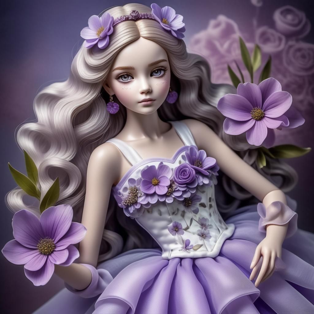 Bellissima bambola nello stile di Marina Bychova, con i capelli bianchi lunghi e lisci, gli occhi viola, e un abito di organza ornato di fio...