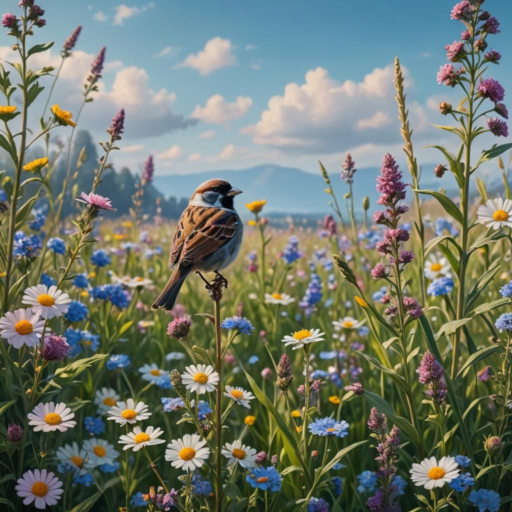 A sparrow in a flower field  by @Daleone