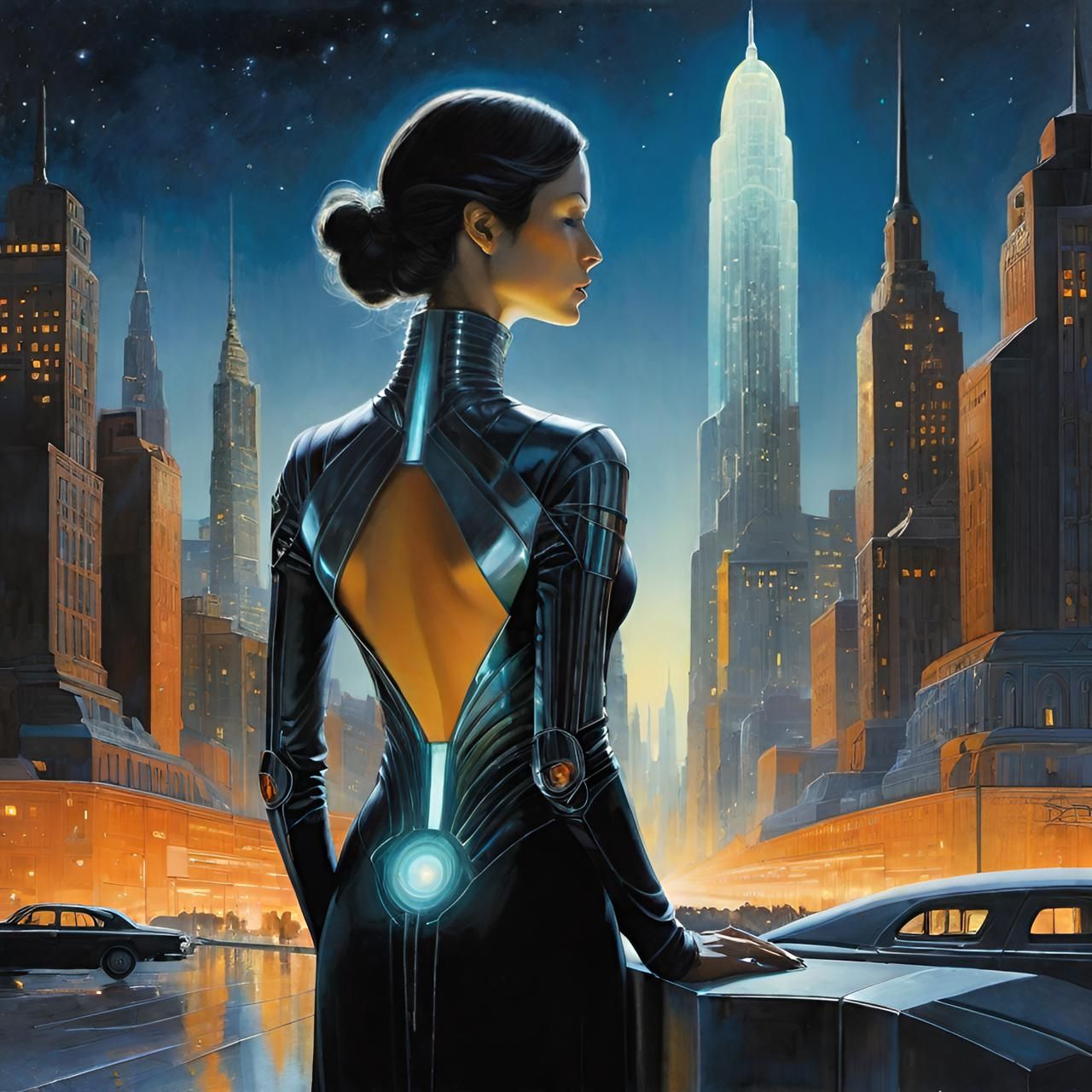 Woman in a minimalist, art-deco cityscape, her body sculpted from polished chrome and glowing neon