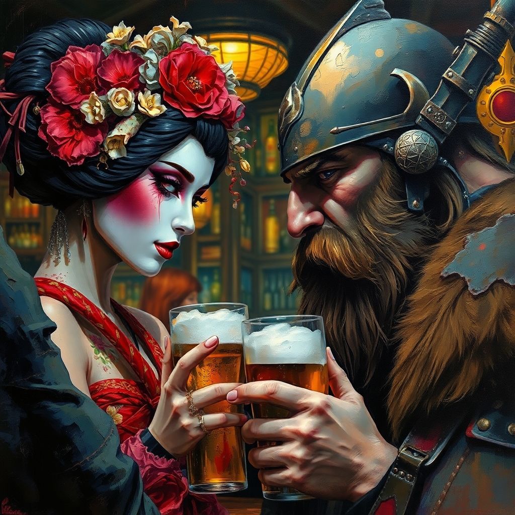 Geisha and Viking at Bar