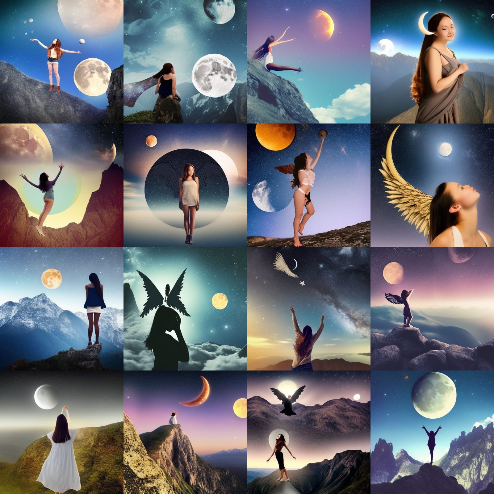 Girl with wings on the edge of the mountain at night collect...