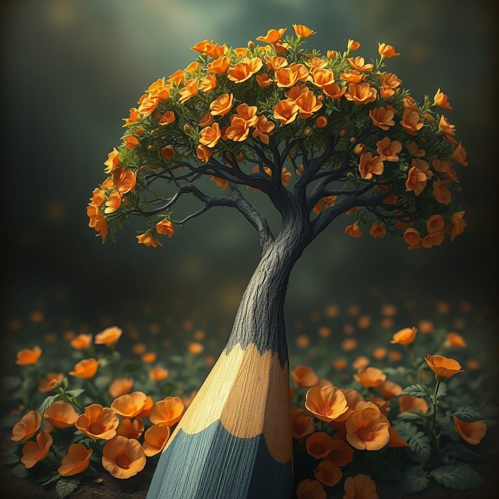 Pencil transforming to orange blossom tree   by @undefined