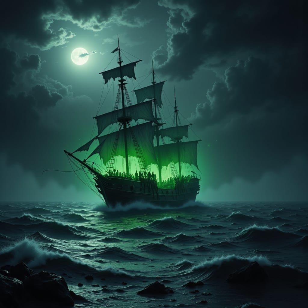 <lora:RandArtz:1.0> Ghost ship on  spooky still sea in a storm
