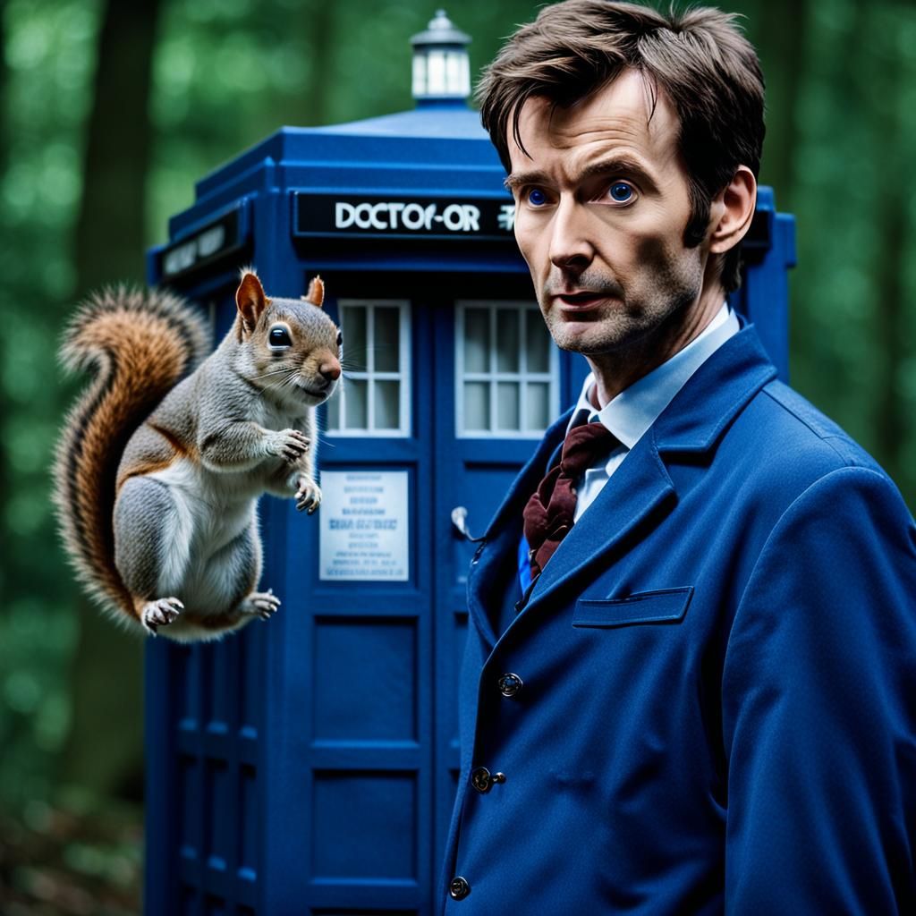 David Tennant as Doctor Who, a squirrel, and the TARDIS, shot with