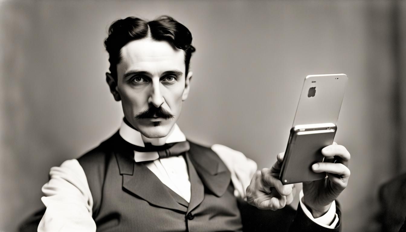 Nicolas Tesla taking a selfie, reaching out toward the camer...