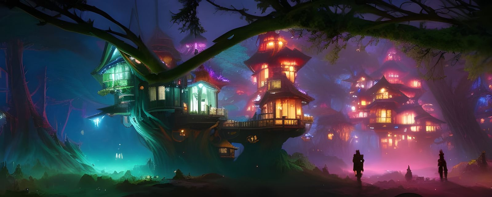 Dark and Bioluminescent Cute Multilevelled Treehouse, with cozy colorful lights, deep colours, lovely ...  by @Forward