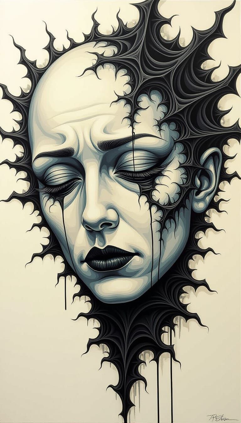 Sharp Morbid Ink-acrylic on canvas, post faces as pictures with distortions, demonic, along side man, change man's suit color to vant... - Start Image 1