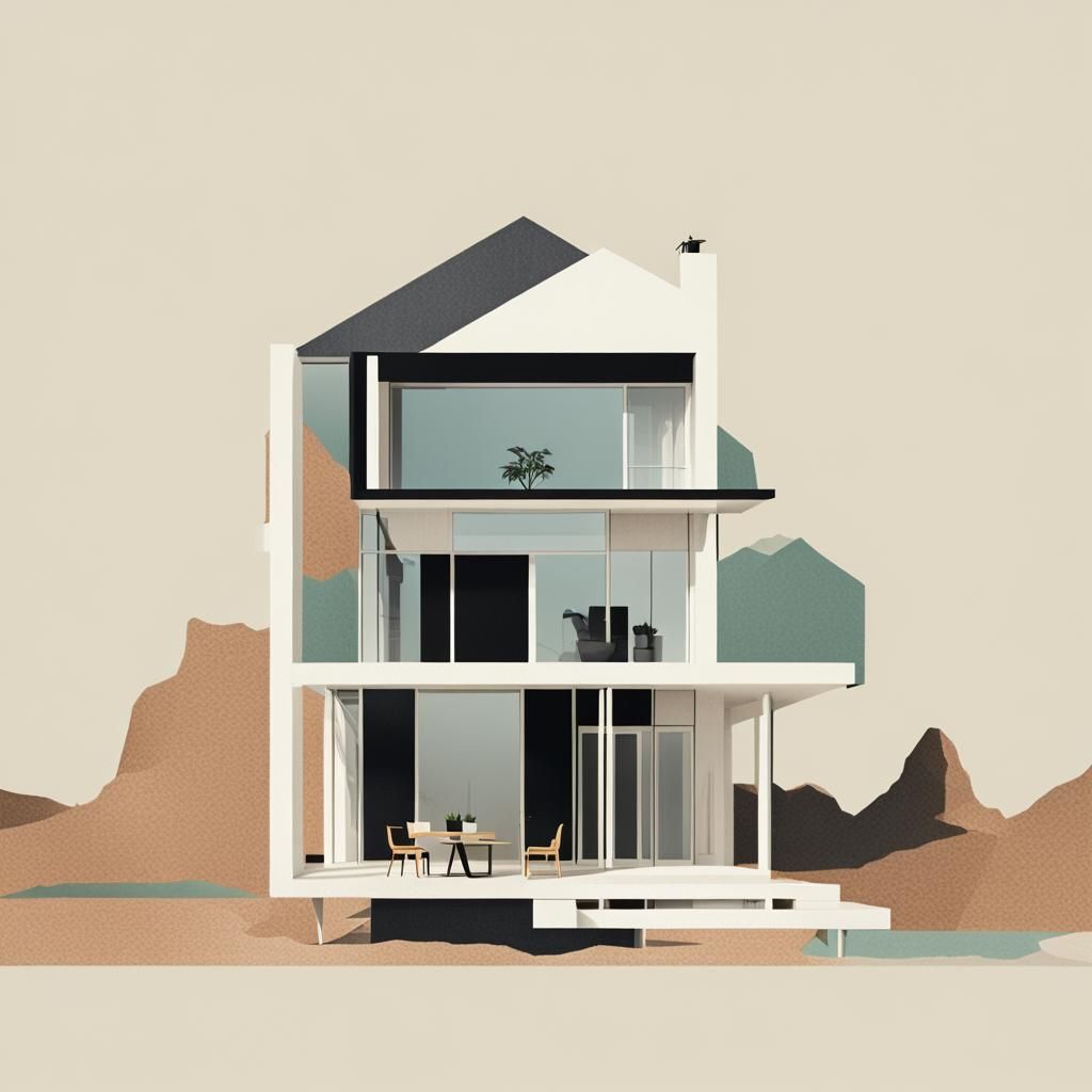 functional house, collage, simple, minimalistic, illustratio...