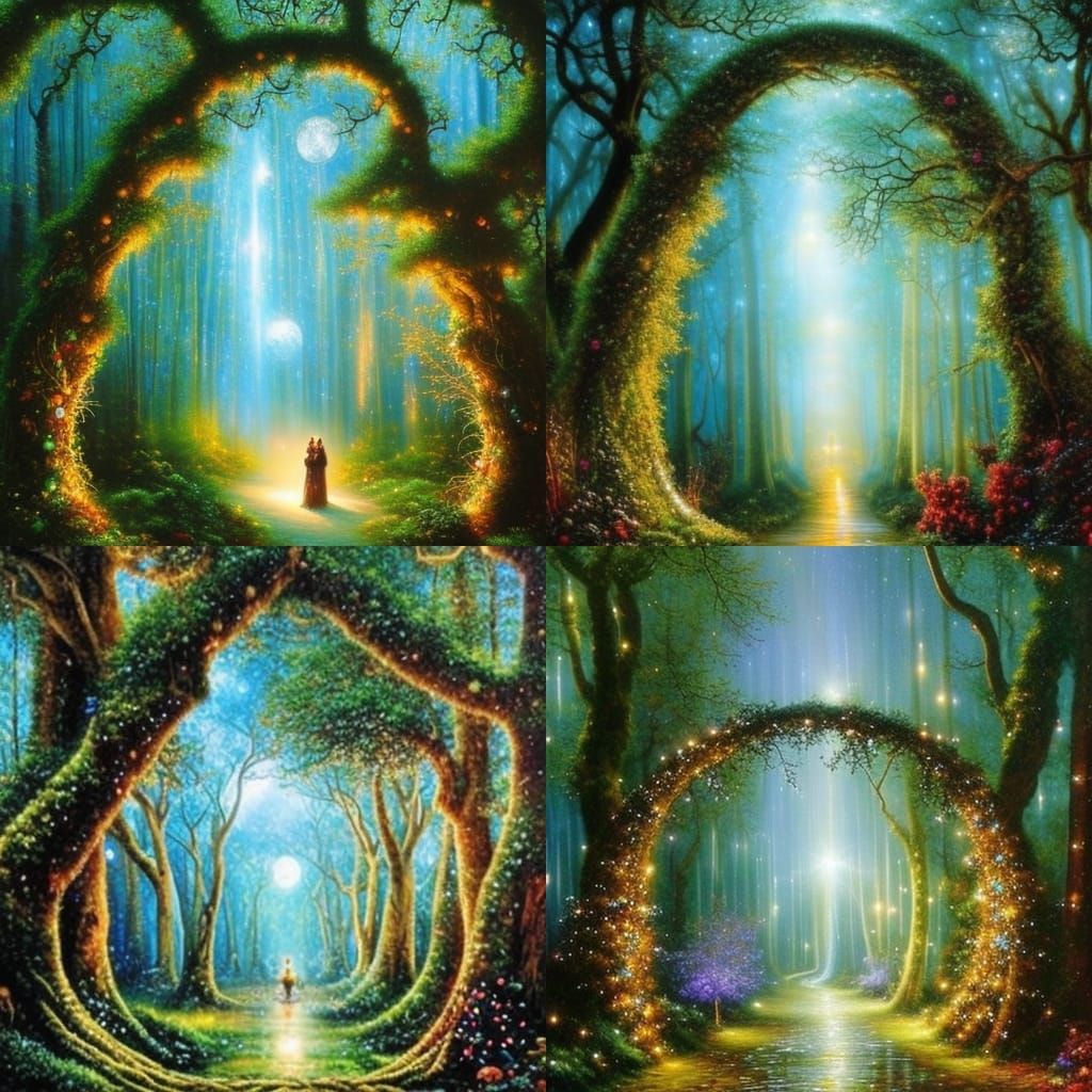 a path through an enchanted forest with sparkling glitter in the air