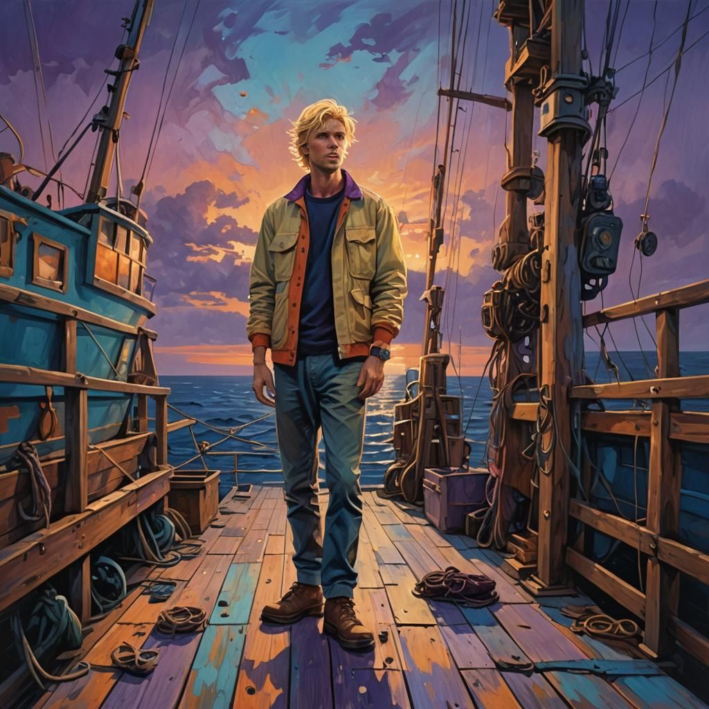 A blond haired man standing on the deck of a deep sea fishin...