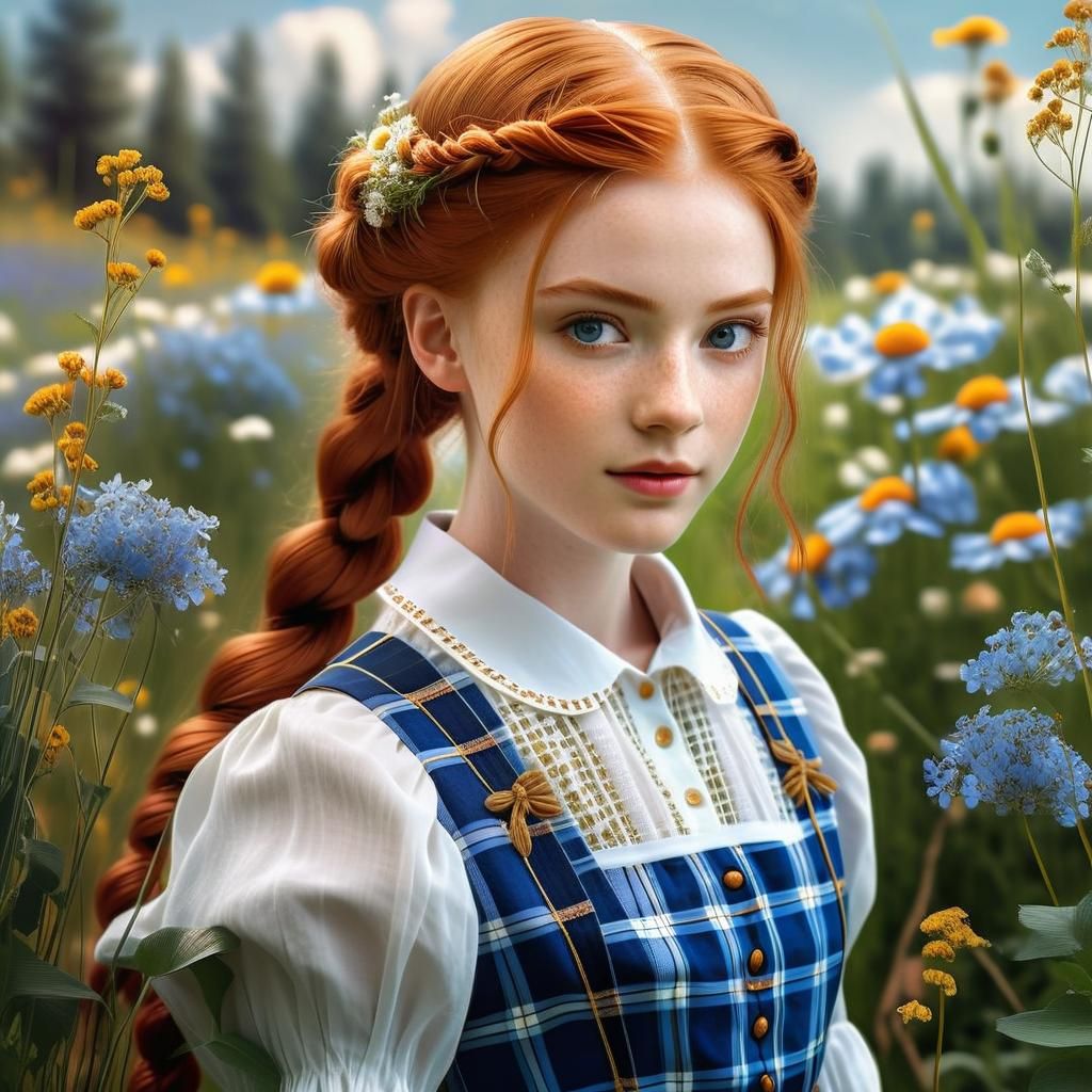 A 22-year-old woman with fiery ginger hair cascading down in soft waves, styled into charming milkmaid braids interwoven with delicate wildf...