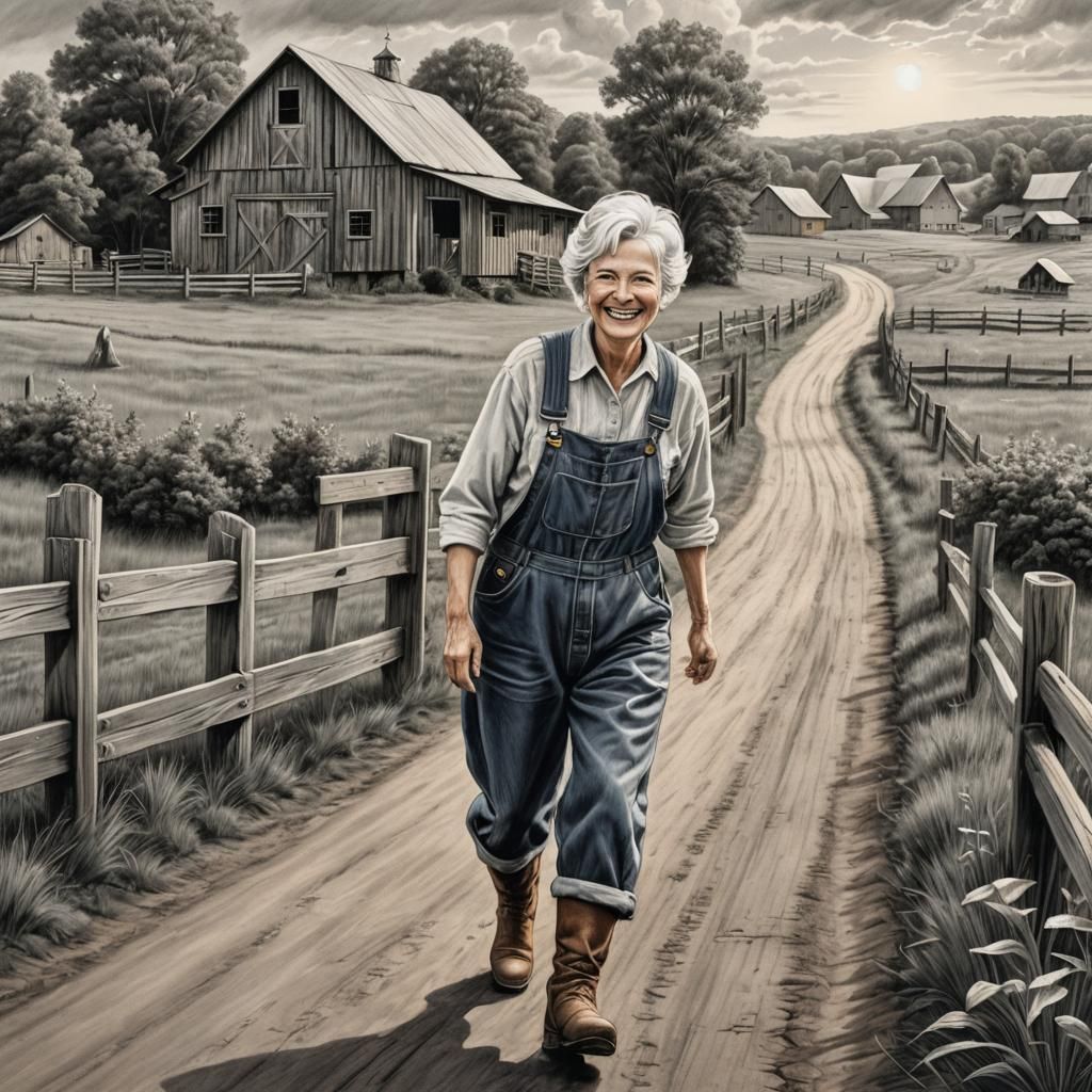 black and white pencil drawing, of a older woman, smiling, p...