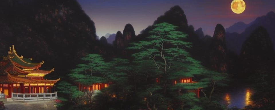 The taoist temples of huangshan during a summer moon night, ...