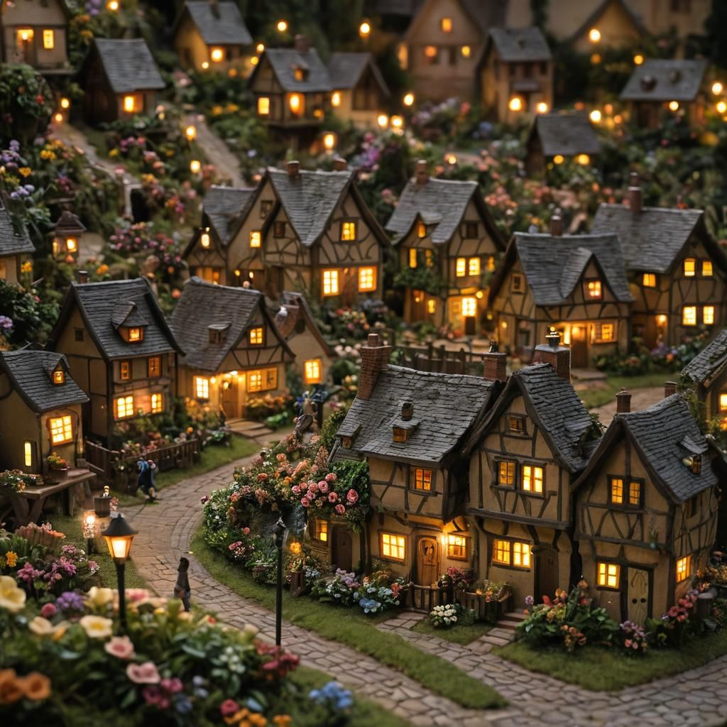 Detailed Miniature Village Scene in Macro Photography Style