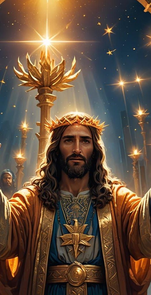 Jesus Among Golden Menorahs with Seven Stars