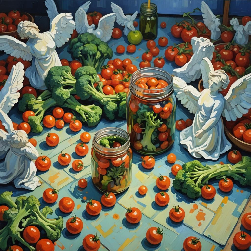 A mason jar filled with tomatoes , a mason jar filled with broccoli, a fork made of carrots, inside a yoga studio with angels