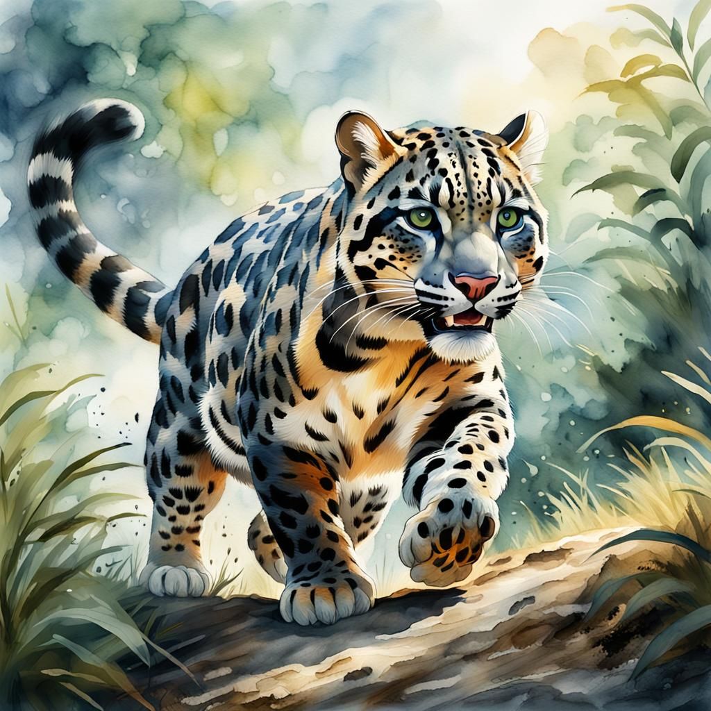 HYPER-REALISTIC photo-quality clouded leopard, jumping down hill, water color style background