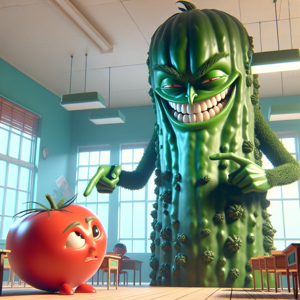 Captivating 3D illustration of a very tall cucumber with a mocking ...