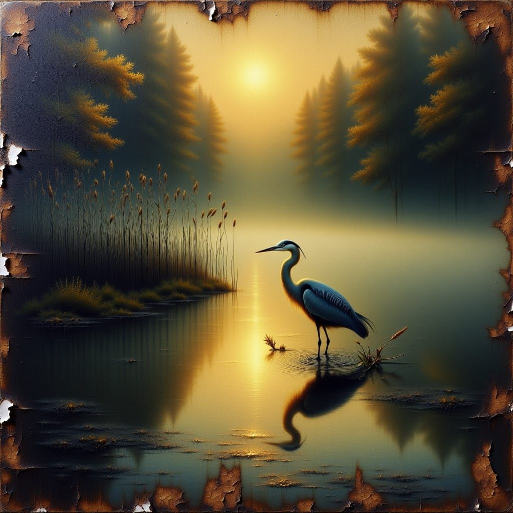 <lora:craquelur:1.0> cracks craquelure old japanese tapestry. heron in the water of a lake at night in the fog among the reeds. Oil on canva...