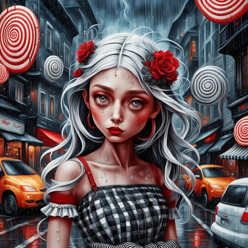 Romantic Kiss in Rainy City: Surrealist Fantasy