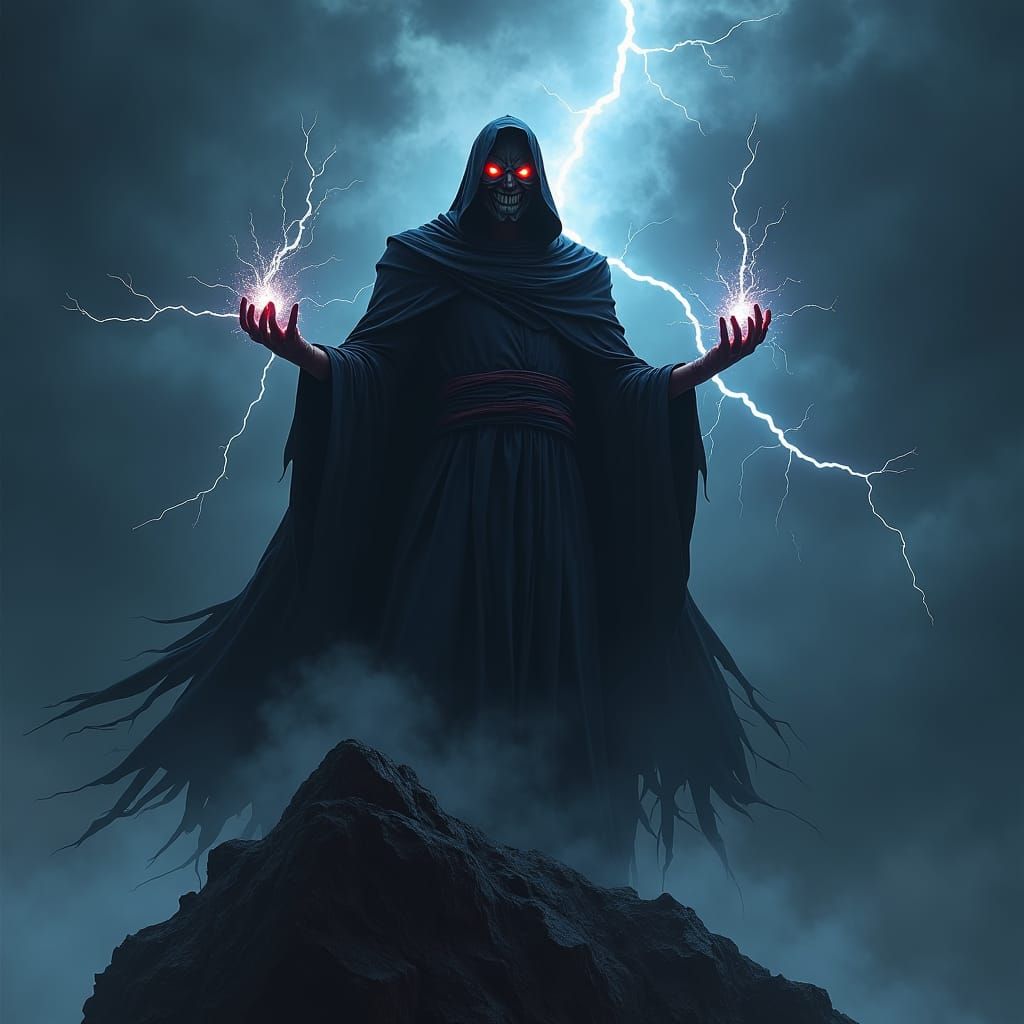 A dark and menacing scene featuring a powerful villain standing atop a jagged cliff under a stormy night ...  by @Fausto Santos