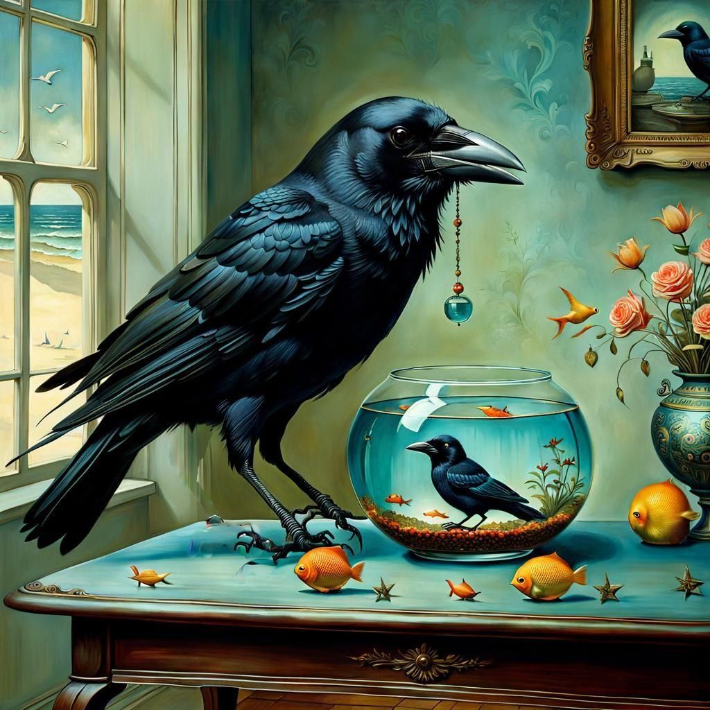 Surreal Crow Swimming in Fishbowl Oil Painting